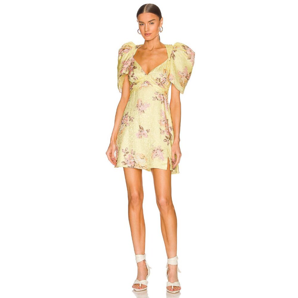 LPA Pale Yellow Floral Puff-Sleeve Mini Dress